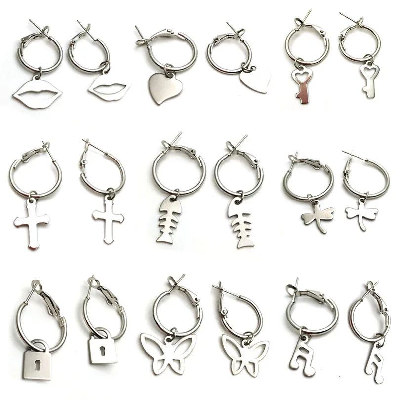 

2pcs Trendy Ear Jewelry Fish Lock Key Cross Stainless Steel Pendant Zinc Alloy Hoop Earring For Women Men Girl Friend Gift