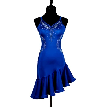

Latin Dance Dresses Women Rhinestones Customized Rumba Samba Dancing Skirt Lady Blue Fringe Salsa Latin Competition Dance Dress