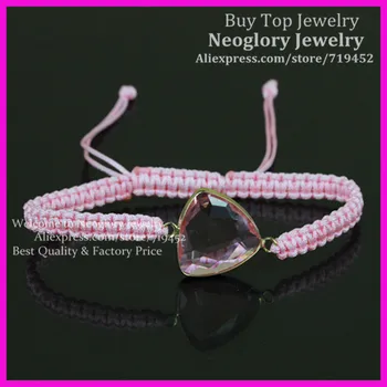 

10pcs Pink Color Triangle Beads Macrame Bracelet,Gold Color Edge Clear Faced Quartz Beads Bracelet,Gems Stone Rope Bracelet