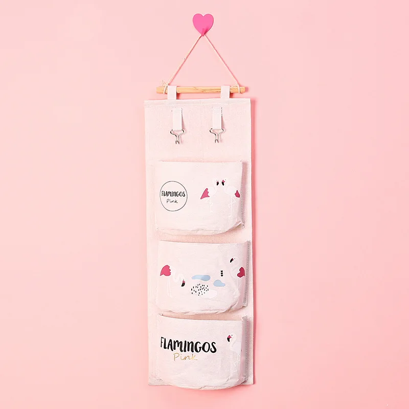 Flamingo Hanging Bag Storage Organizer Cotton Line Door Pouch Wall Mount Hang Bag Waterproof Cosmetic Toys Container 3 Pockets (2)