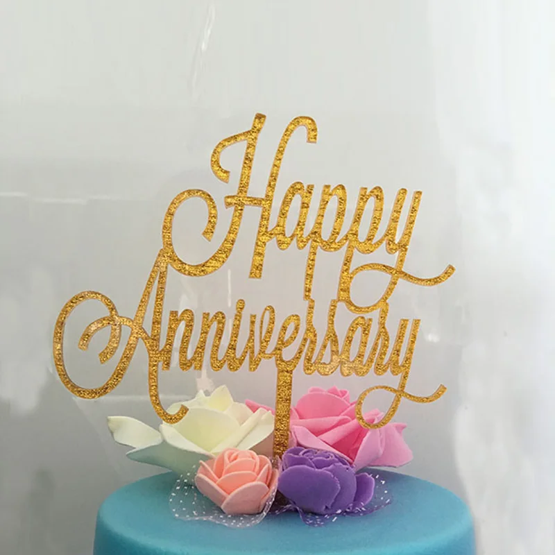 

Happy Anniversary Acrylic Cake Topper New Glitter Gold Cupake Topper For Wedding Lover Sweet Anniversary Party Cake Decorations
