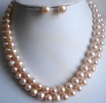 

Perfect Pearl Jewelry Set Double Rows AA 8-9MM Natural Pink Color Freshwater Pearl Necklace Earrings Wedding Party Gift Jewelry