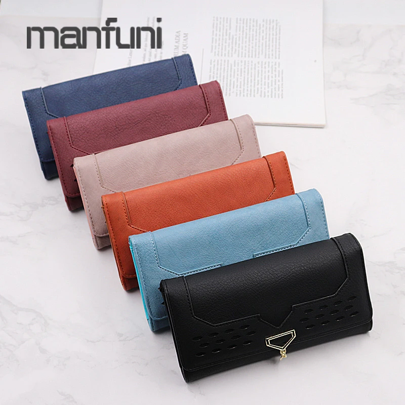 

Vintage Leather Luxury Wallets Women Hollow Out Hasp Long Wallet Tri-fold Clutch Wallet Ladies Purse with Card Holder Money Bag