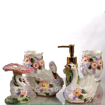 

white ceramic flowers swan toothbrush holder soap dish bathroom accessories set kit wedding gifts home decor porcelain figurine
