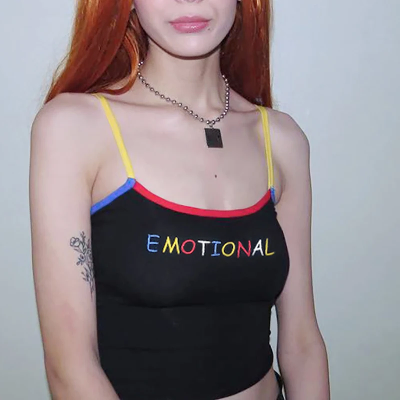 

Sexy Camisoles Color Letter Embroidery Camisole Black Short Stitching Color Summer Fashion Sling Girl Tops