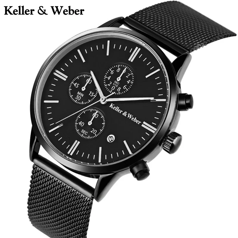 Keller & Weber Quarz Chronograph Uhr Männer Edelstahl Mesh Band Strap Date Display Armbanduhr Kurze relogio masculino