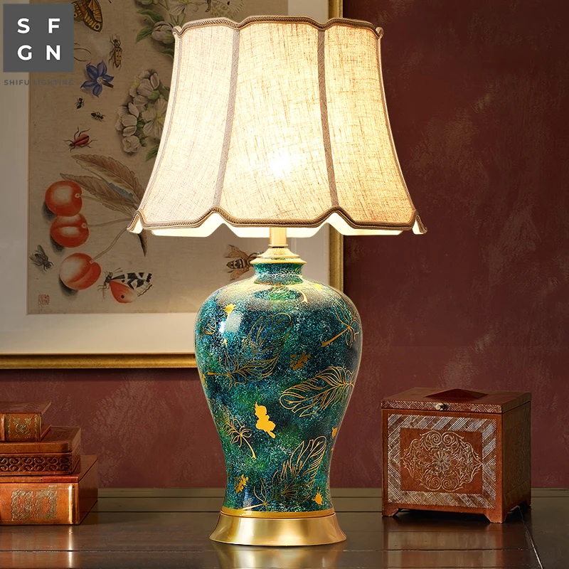 Copper table lamp American style for living room Jingdezhen ceramic lamp luxury Bedroom bedside lamp decorated