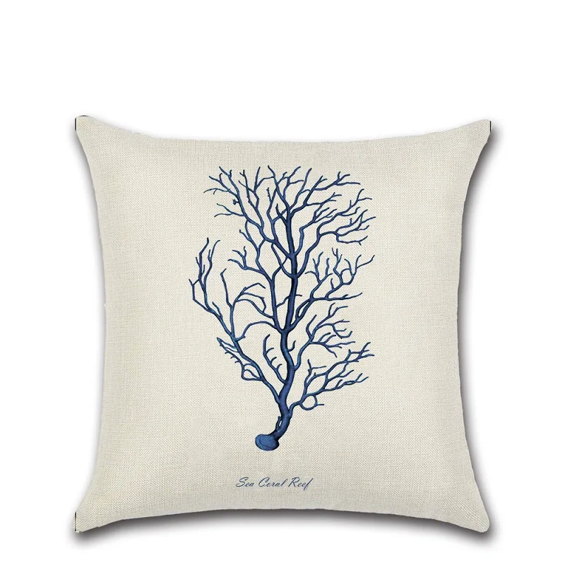 Marine Ocean Printed Cotton Linen Cushion Cover Starfish Seahorse Seaweed Coral Home Decorative Pillowcase for Sofa Wholesale