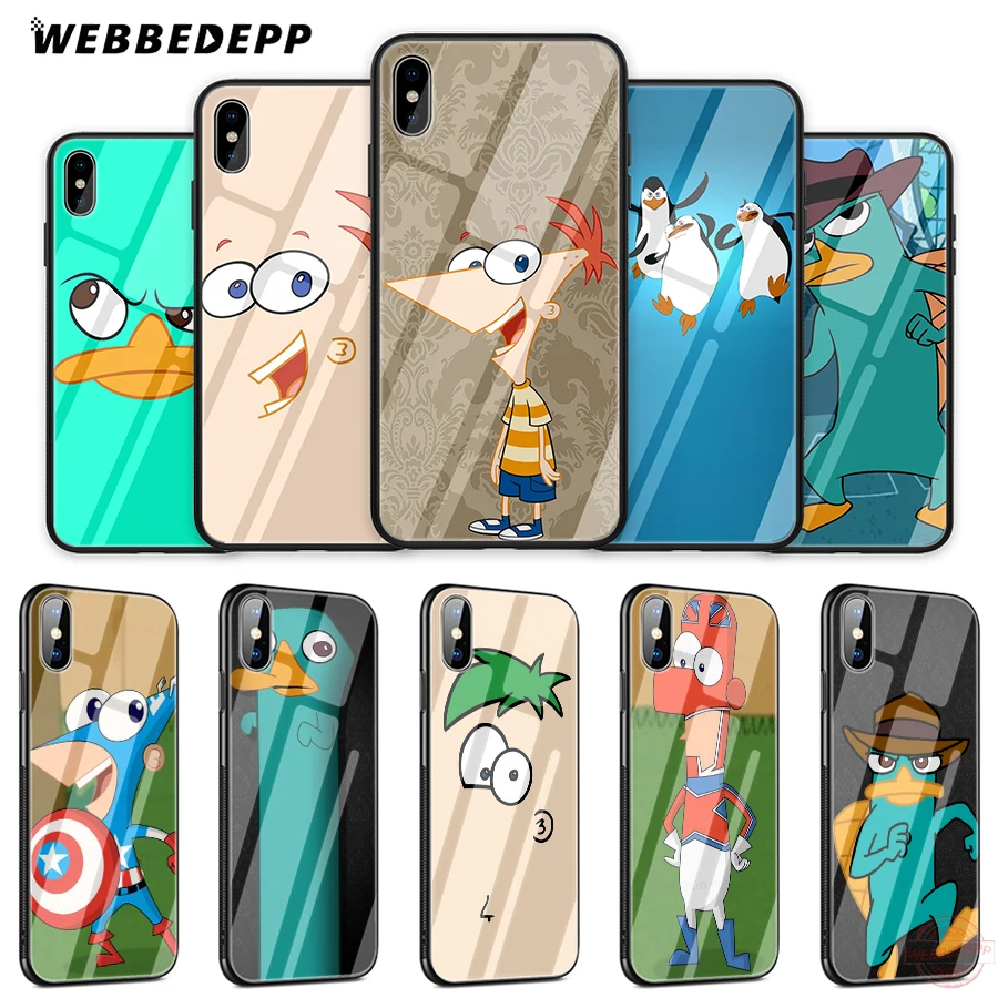 

WEBBEDEPP Phineas and Ferb Tempered Glass Phone Case for Apple iPhone XS Max XR X 8 7 6S Plus 5S SE Cover