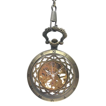 

CAIFU Brand New Arrival Open Face Brone Tone Case Skeleton Steampunk Hand Wind Mens Pocket Watch W/Chain Reloj De Bolsillo