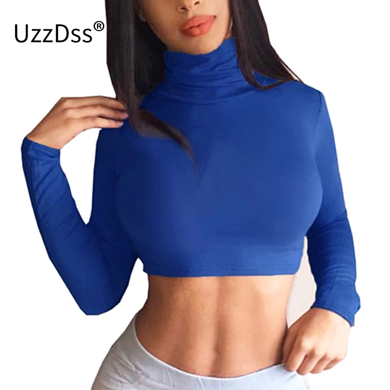 

UZZDSS 2018 Autumn Turtleneck Long Sleeve T-shirt Elasticity Blue Gray Black White Sexy Crop Top Plus Size Women Skinny T Shirt
