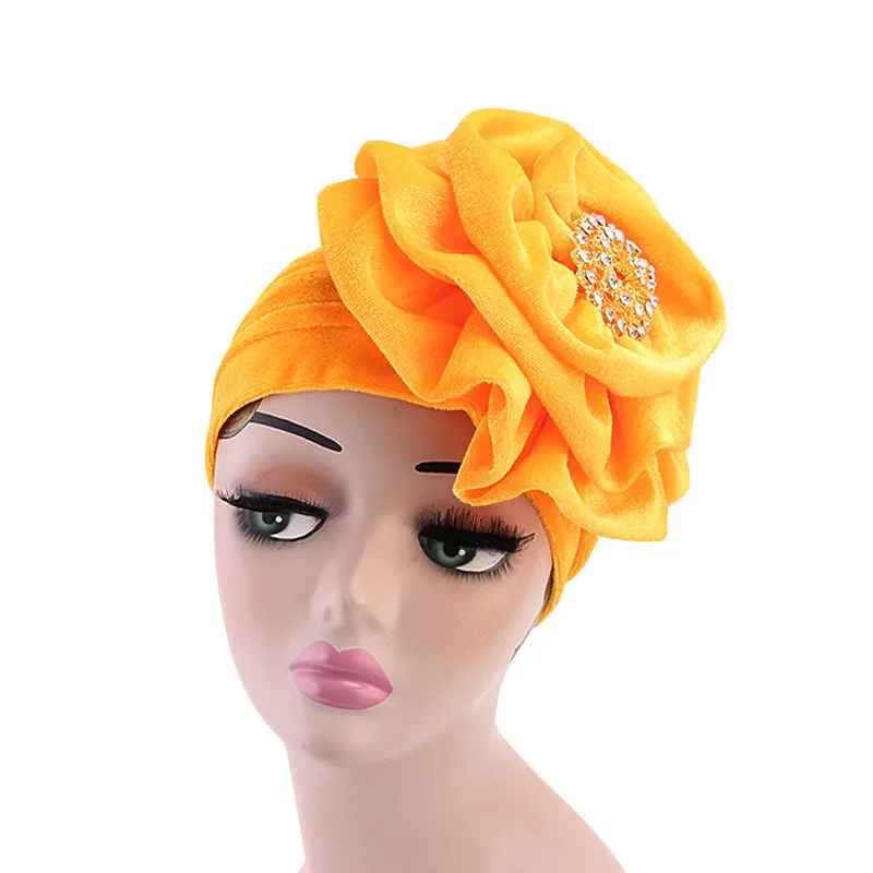 Модный женский бархатный тюрбан, повязка на голову с брошью, большой цветок, выпадение волос, шарф на голову, вечерние головные уборы, аксессуары для волос - Цвет: Оранжевый