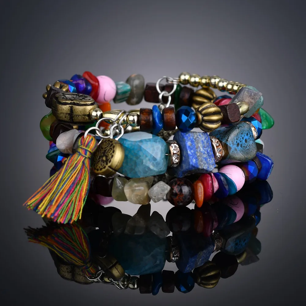 

Terreau Kathy Bohemian Multilayer Beads Tassel Bracelets For Women Vintage Resin Stone With Tassel Women Bracelets & Bangles
