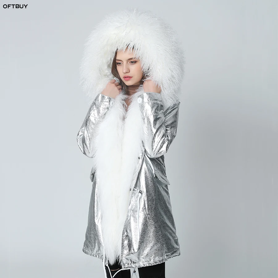 Женская парка с капюшоном OFTBUY длинная теплая куртка отделанным натуральным