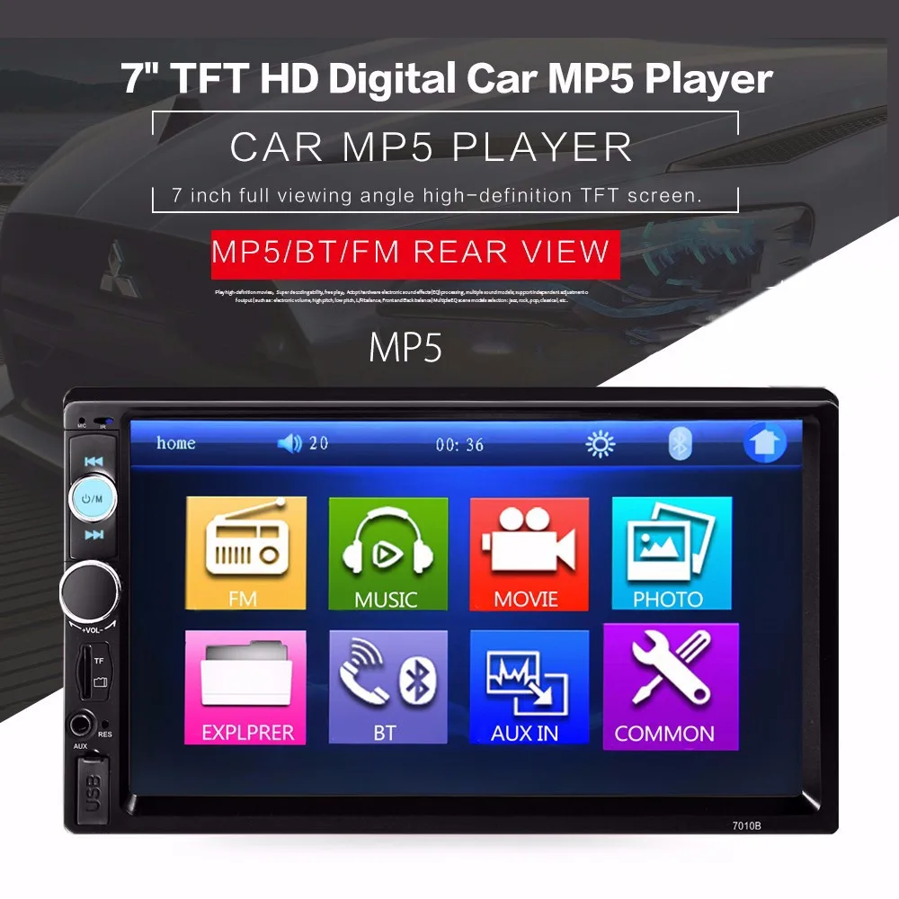 7010B 7 inch Bluetooth V2.0 TFT Screen Car Audio Stereo MP5 Player 12V Auto Video Support AUX FM USB SD MMC Remote Control