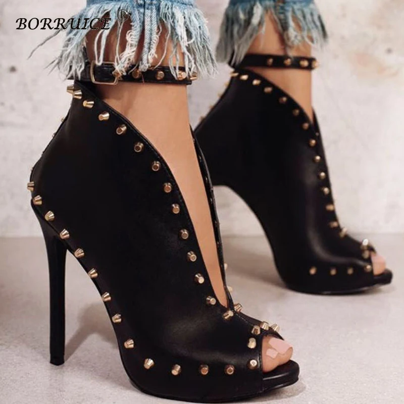 BORRUICE 2018 Fashion Street Rivets Woman Summer Shoes Buckle High Heel Boots Street Punk Rivet Fish Mouth Sexy Lady Sandals