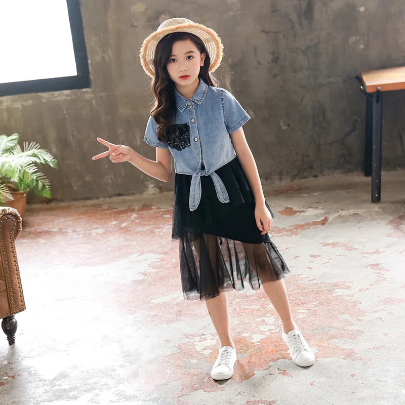 Fashion Girls Clothes Sets Summer Kids Denim Coats Top And Strap Dress Set Children Clothing Teens Girl Coats Sequin Dress Suit (8)