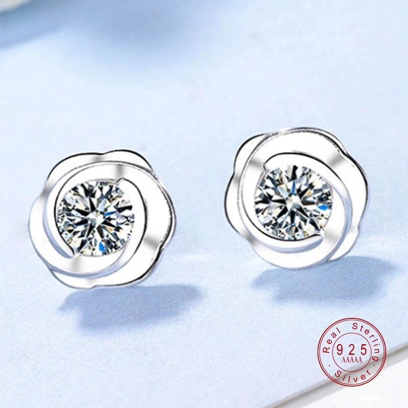 

Flash Big Crystal silver plated Rose Flower Stud Earing Fashion Jewelry Cubic Zirconia Earrings For Women Fashion Jewelry Gift