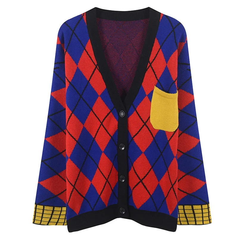 Tricoté À V Lâche Chaude Cardigan Mode 2018 Chandail Vente Longues Manches Casual Automne Plaid De Femmes Cou PqzZU