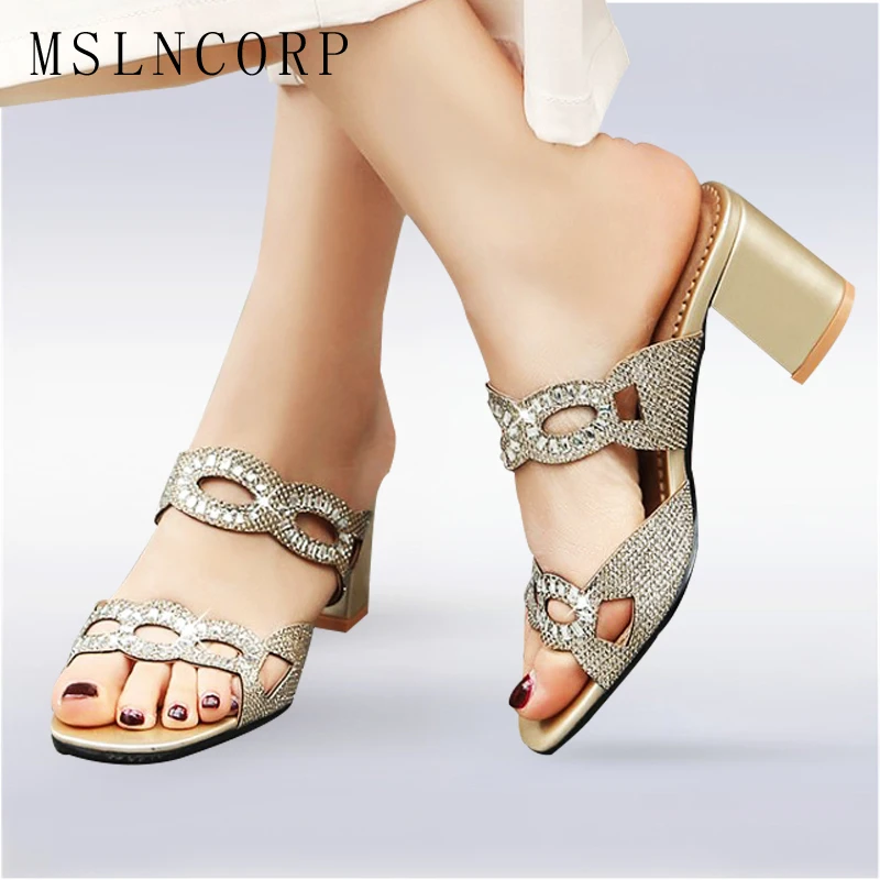 

Size 34-48 Summer Chunky Heels Women Sandals Rhinestones Shoes Fashion Crystals Casual Beach Flip Flops Slides Party Slippers