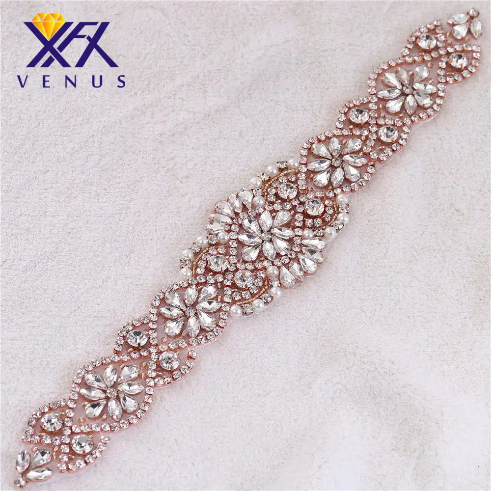 

XINFANGXIU Rose gold rhinestone applique diamond crystal applique patches embroidery for bridal sash belt wedding dress