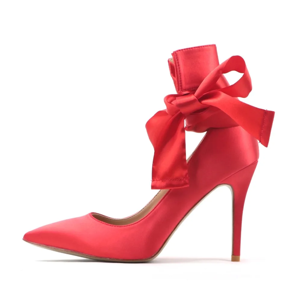 

Free Shipping Women Dress Party Stiletto Pumps Fashion Pointed Toe Ankle Lace-up Red Black Satin Lady High Heels 2018 New Style