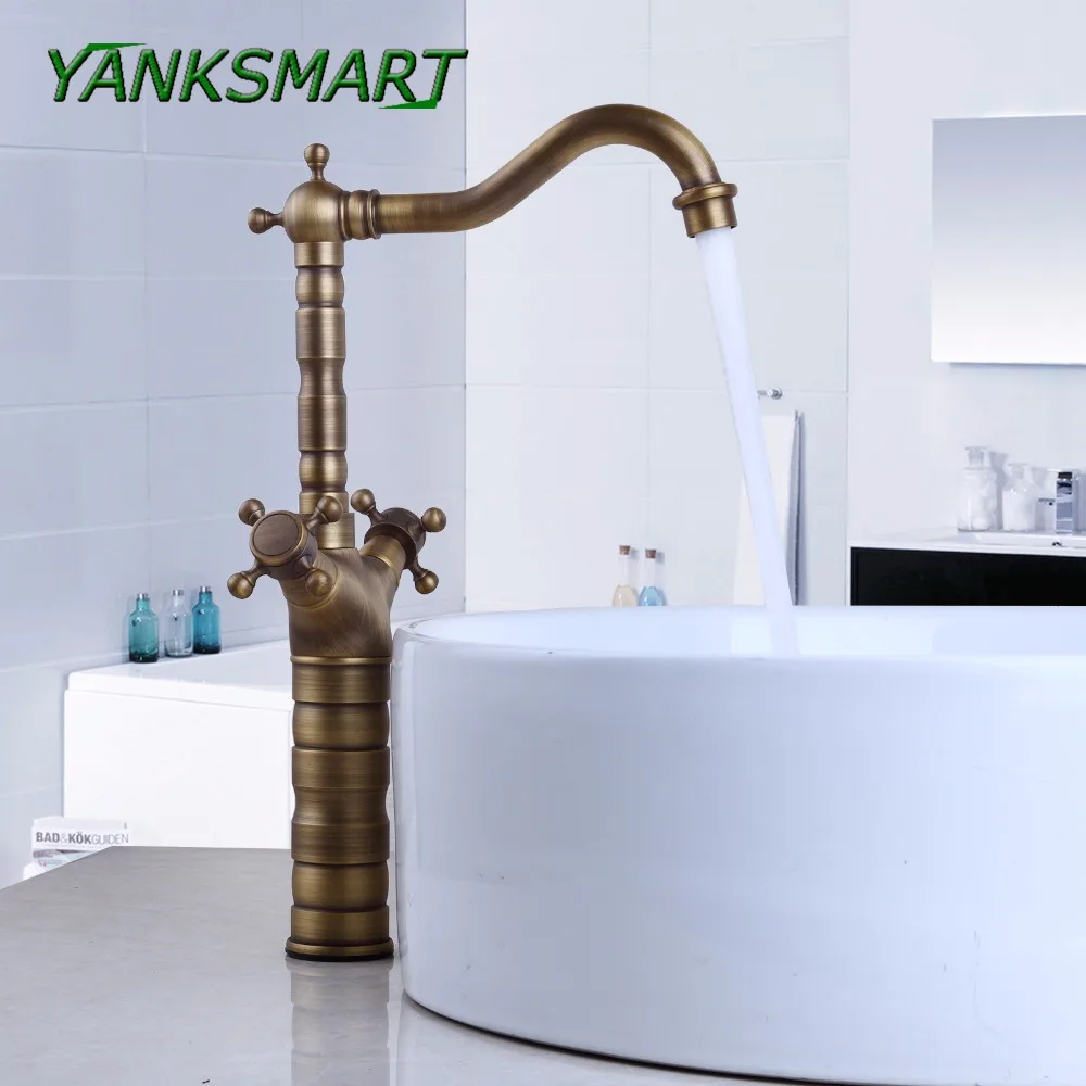 

YANKSMART Bathroom Antique Brass Retro Dual Cross Handle Faucet Next Basin kitchen Sink Swivel Mixer Vessel Tap