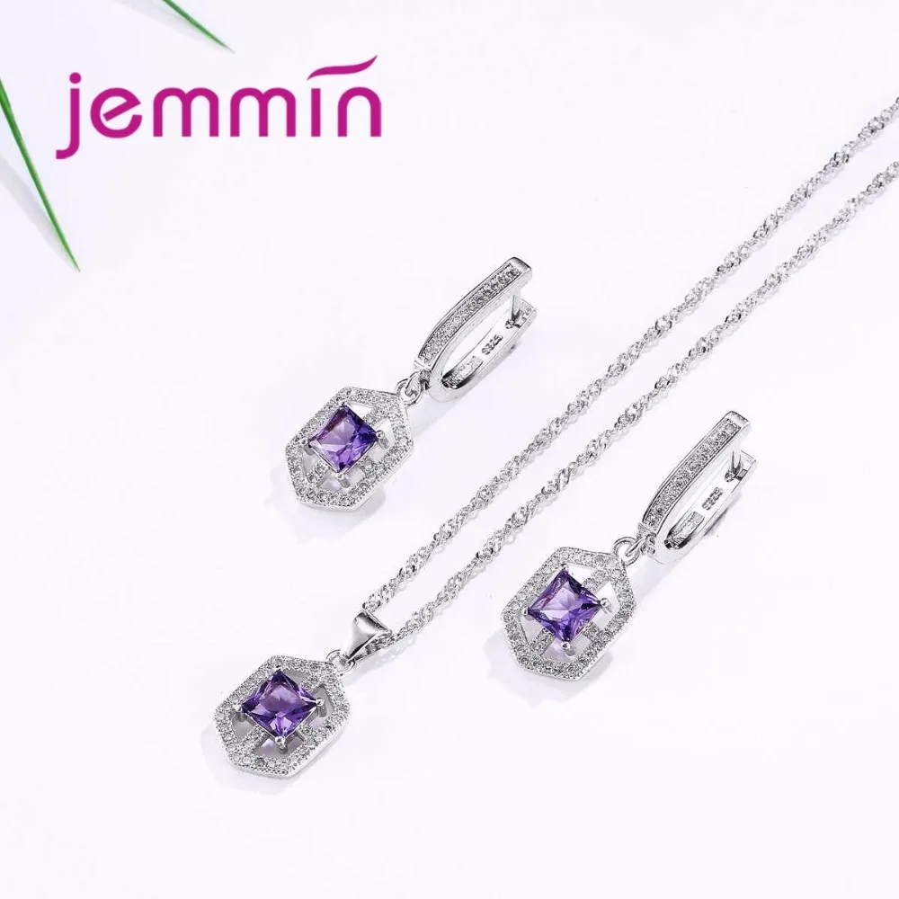 Высокое качество, квадратный фиолетовый кристалл, 925 серебро, Свадебные Ювелирные наборы для женщин, стразы, ожерелье, серьги