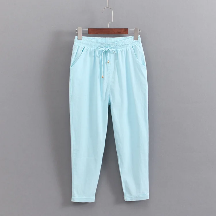 7 цветов, хлопковые льняные штаны-шаровары для женщин, плюс размер, 3, 4, XL, эластичный пояс, растягивающиеся Летние повседневные штаны, брюки KKFY1951 - Цвет: Небесно-голубой