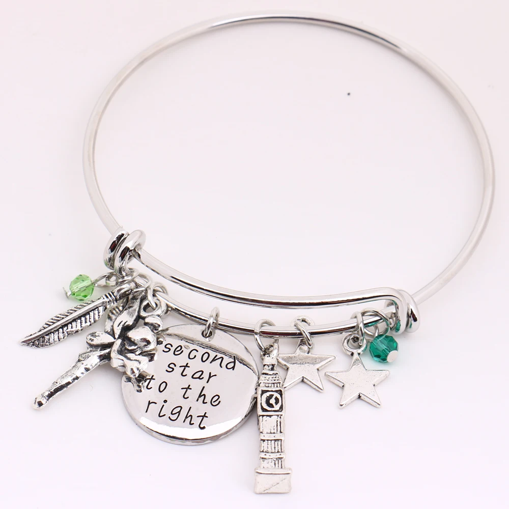 

Peter Pan Bangle"Second Star to the Right"Pendant Tinkerbell Neverland Tower,Leaf,stars Charms Bracelet Christmas Gift for Kids