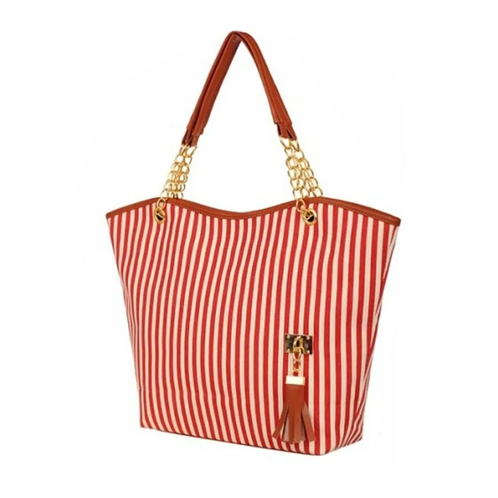 Women Stripe Tassels Chain Canvas Shopping Handbag Female Shoulder Bag Large Tote Shop Bag Beach bag ladies bags bolsa feminina