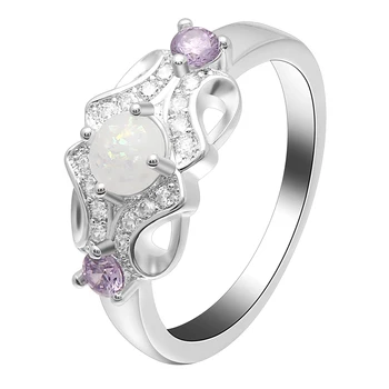 

Luxury Female Princess white Color Fire Opal Round Ring Silver Color Double Purple CZ Jewelry Promise Engagement Ring For Women