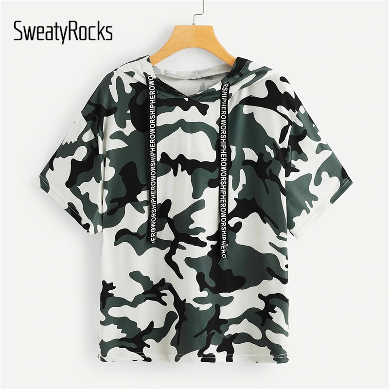 

SweatyRocks Plus Camouflage Print Drawstring Hooded Tee Womens Short Sleeve Tops 2019 Summer Streetwear Casual Drawstring Tees