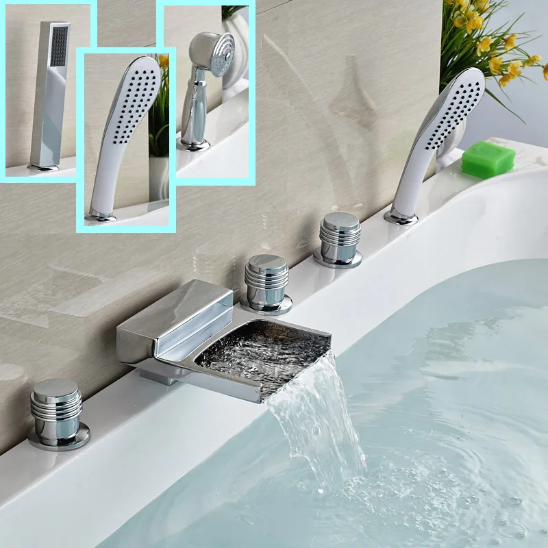 Deck Mount Widespread Bathtub Faucet 5pcs Brass Waterfall Spout Tub Mixer Taps + Handshower 3-styles