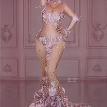 Модный дизайн, розовые цветы, прозрачное длинное платье, 3D Рисунок, сетка, растягивающееся, для дня рождения, платье для женщин, костюм для выступлений певицы