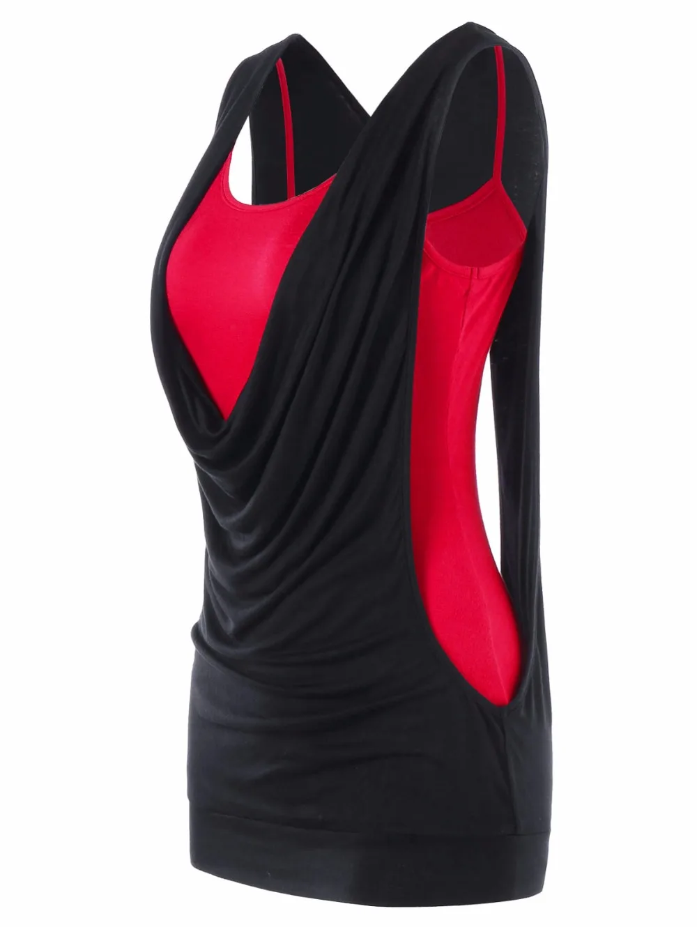 VESTLINDA Cowl Neck Faux Twinset Panel Cut Out Sleeveless Tank Top Womens Summer Clothing 2018 Fashion Sexy Top Female Tanktop 1