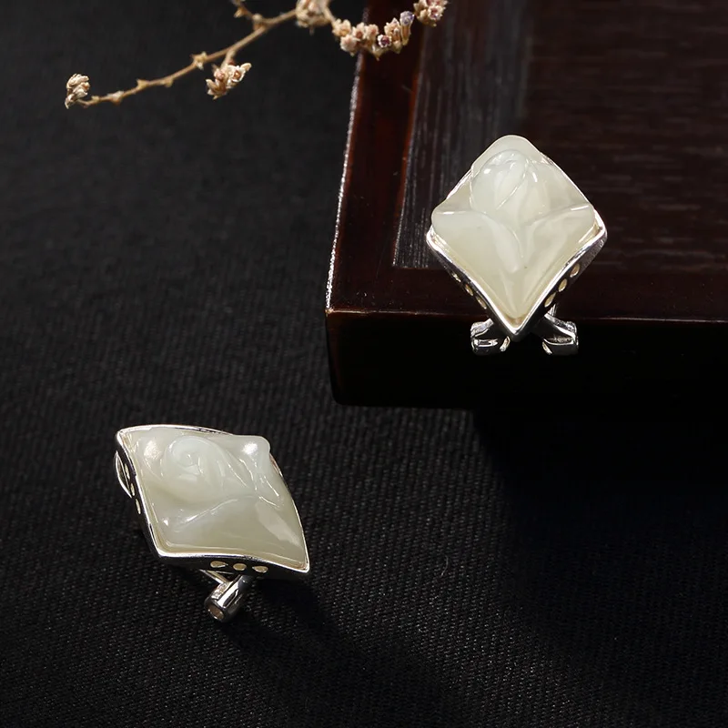 

Fashion S925 Pure Silver Hetian Jade Rose Diamond Inlaid Eardrop High-grade Woman Earrings Wholesale Agents