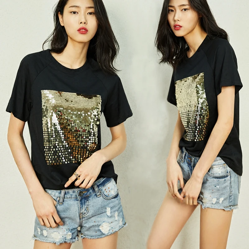 

Spring and summer Korea loose large size cotton sequins white t-shirt female short-sleeved long paragraph shirt