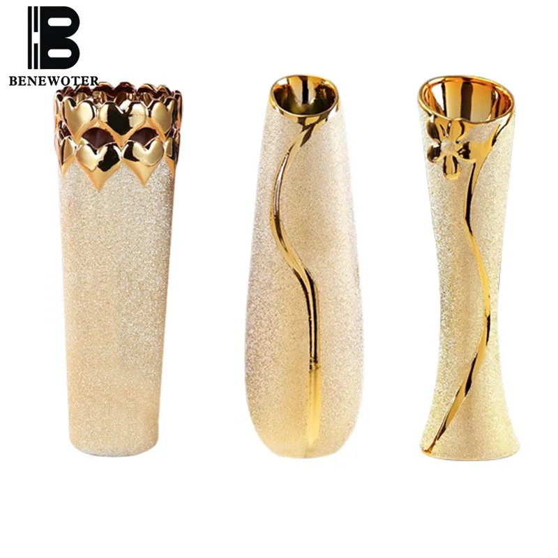 

BENEWOTER 30cm H Jingdezhen Ceramic Golden Vase Home Decoration Dried Flowers Floral Holder Wedding Married Decoration Ornament