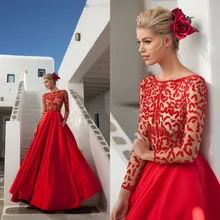 2016 elegante A-linie U-ausschnitt Lange Rot Schwarz Satin Prom kleid Mit Ärmeln Volle Hülse Frauen Abend Formales Kleid Drapierte F1420