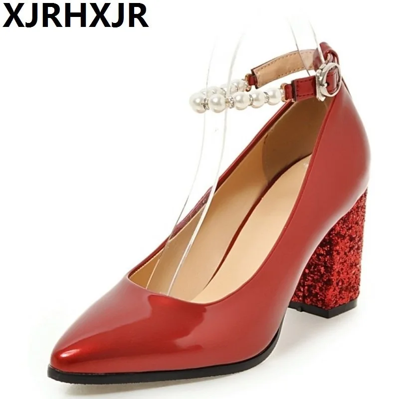 

XJRHXJR Pointed Toe Shoes Brand Glitter Women High Heels Gladiator Ladies Party Wedding Pumps Fashion Square Heel Shoes Beading