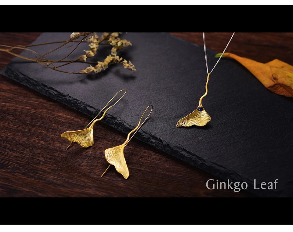Muduh Collection Real 925 Sterling Silver Earrings Designer Fine Jewelry Vintage Gold Color Ginkgo Leaf Drop Earrings for Women Brincos
