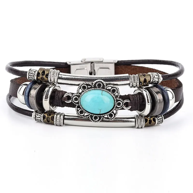 

New 3PC/Set Bohemian Punk Men Leather Bracelet Blue Crystal Wrap Wristband Charm Bangle Wholesale pulseira Fashion Jewelry