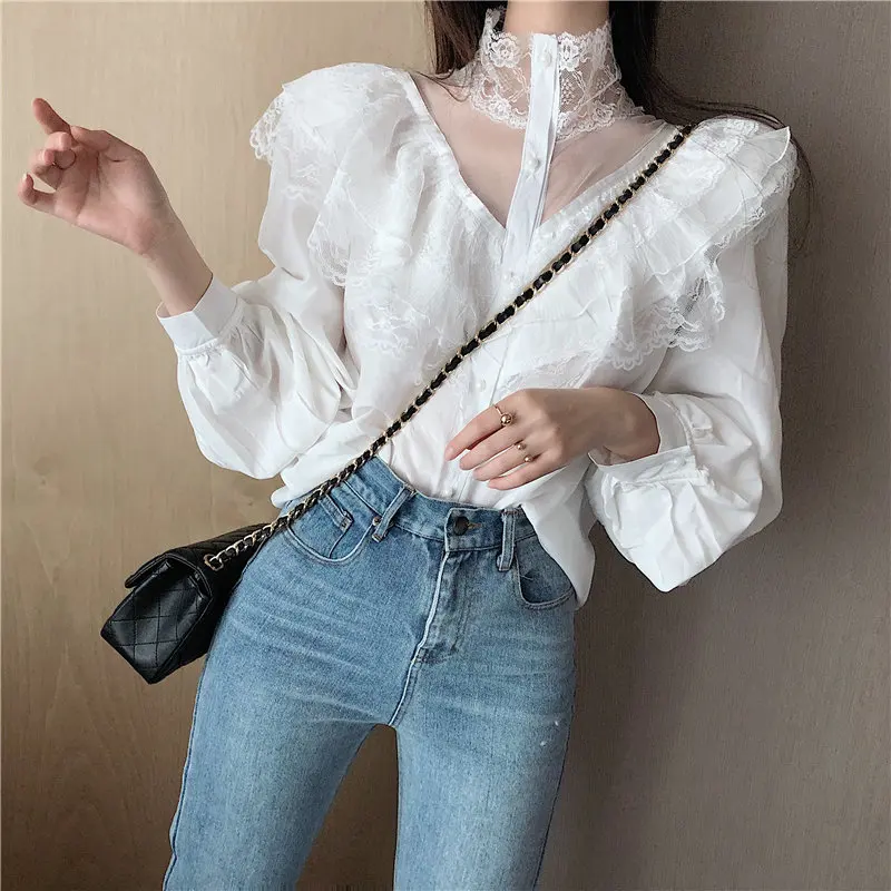 Hzirip Fresh Lace Ruffles O-Neck All-Match Free Single Breasted New Fashion Casual Long Sleeves Loose Shirts 2 Colors - Цвет: White