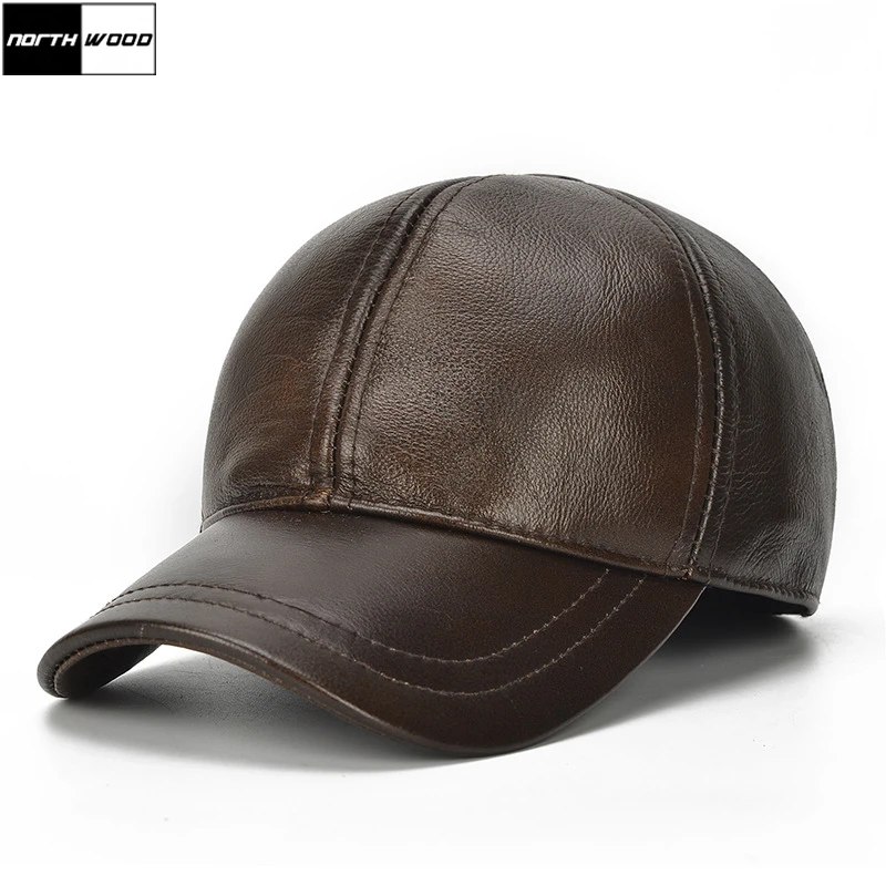 

[NORTHWOOD] 2018 Cowhide Leather Baseball Cap Men Genuine Leather Winter Cap Snapback Casquette Homme Earflap Warm Hats Caps Men