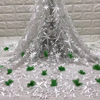 

Hot Selling Green Embroidered Lace Fabric Africa Tulle Lace Fabric With 3D Flowers Fabric Add Stoneo & Beads QF1958B