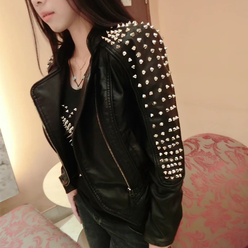 Chaqueta negra con remaches punk rock para mujer, chaqueta de cuero PU de  metal de lujo, ropa de calle, chaquetas de motocicleta - AliExpress Ropa de  mujer