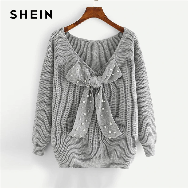 SHEIN رمادي Preppy أنيقة زائد حجم مسقطة الكتف القوس التفاصيل الصلبة البلوفرات سترة الخريف عارضة عمال المرأة صداري