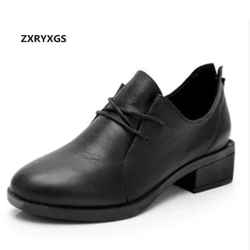 

Hot Selling 2019 New Lace-up Deep Mouth Spring Shoes Woman Genuine Leather Shoes Fashion Casual Shoes Thick with High Heels 4 cm