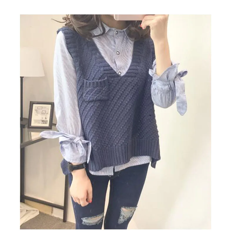 V-Neck Sweater Sleeveless Vest women 2019 New withe Pokcet Irregularity knitted Sweaters Office Lady Loose fashion vests Tops | Женская